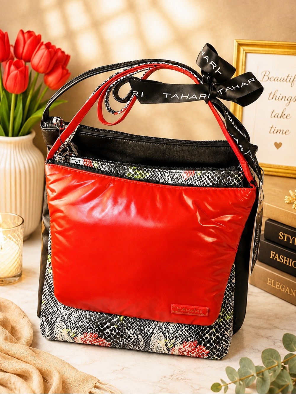 Tahari Red & Snake-Print Women's Shoulder Bag-Set of three bags